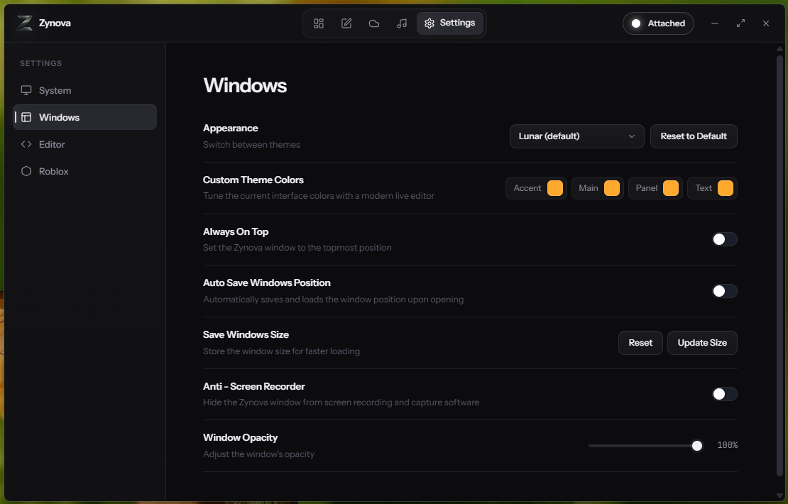 Zynova Executor settings panel